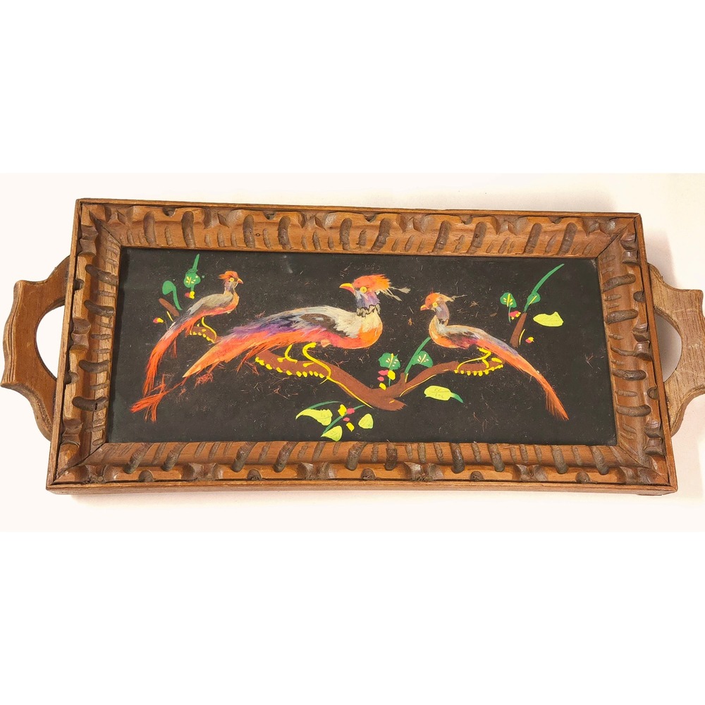Vintage Mexican Feather Art Hand Carved Wood Bird Painting Folk Art Serving Tray
